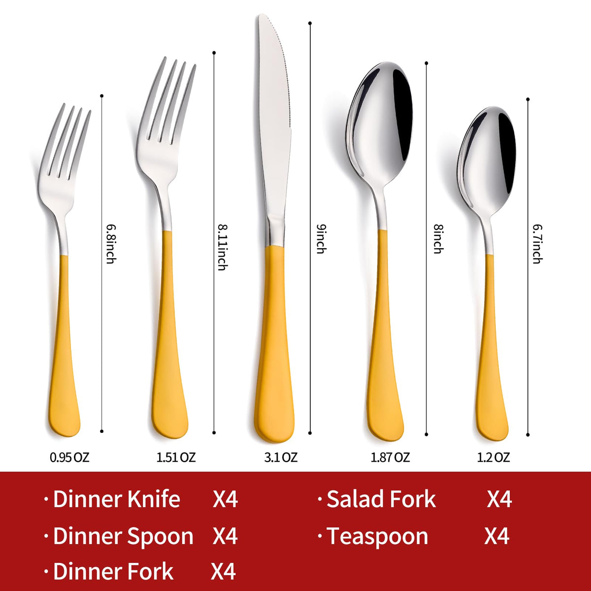20-Piece Yellow Silverware Set 18/0 Stainless Steel Flatware Yellow Handle Cutlery Set Service for 4 Dinner Knives