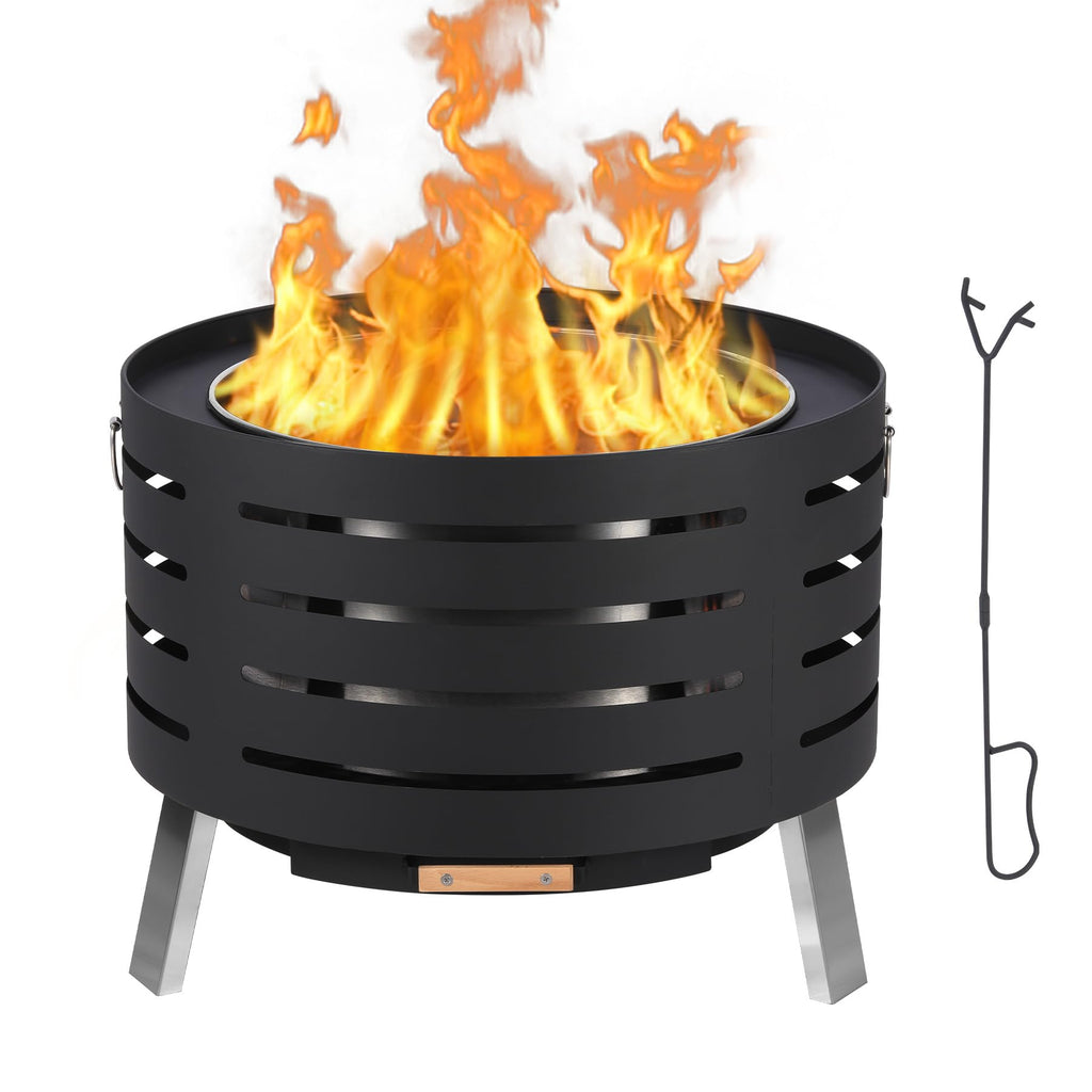 26 Inch Smokeless Firepit, Wood Burning Firepit with Fire Poker, Lid, Removable Ash Pan, Waterproof Cover, Modern