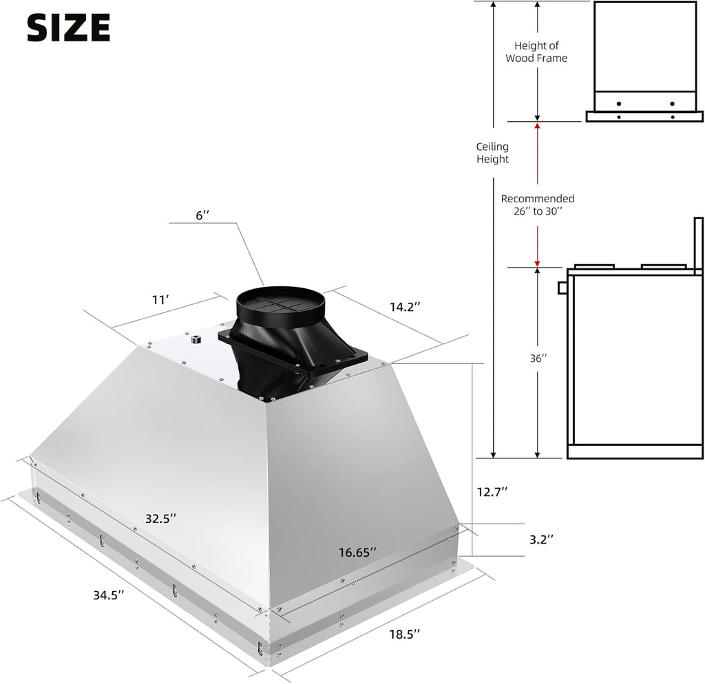 36 Inch Stainless Steel Range Hood Insert 900 CFM 4 Speed Voice, Gesture & Touch Control Convertible Ducted/Ductless Delay Shutdown, Memory Function