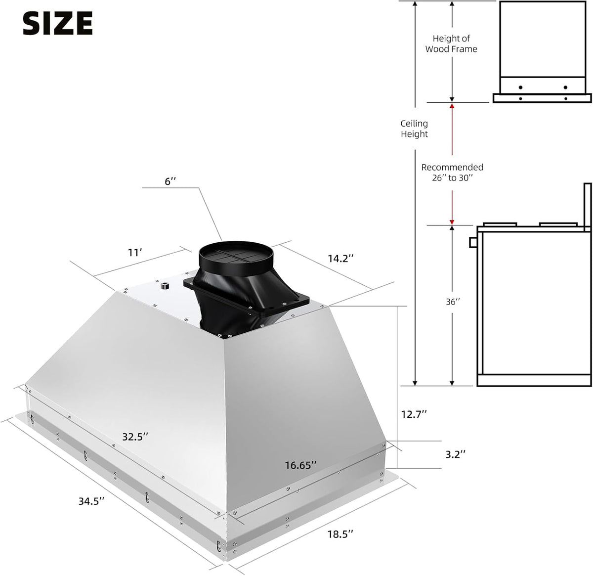 36 Inch Stainless Steel Range Hood Insert 900 CFM 4 Speed Voice, Gesture & Touch Control Convertible Ducted/Ductless Delay Shutdown, Memory Function