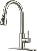Kitchen Faucets with Pull Down Sprayer, Brushed Nickel High Arc Single Handle Stainless Steel Bar Sink Faucet with Deck Plate for 1 or 3 Hole, Suitable for Farmhouse RV Camper Laundry