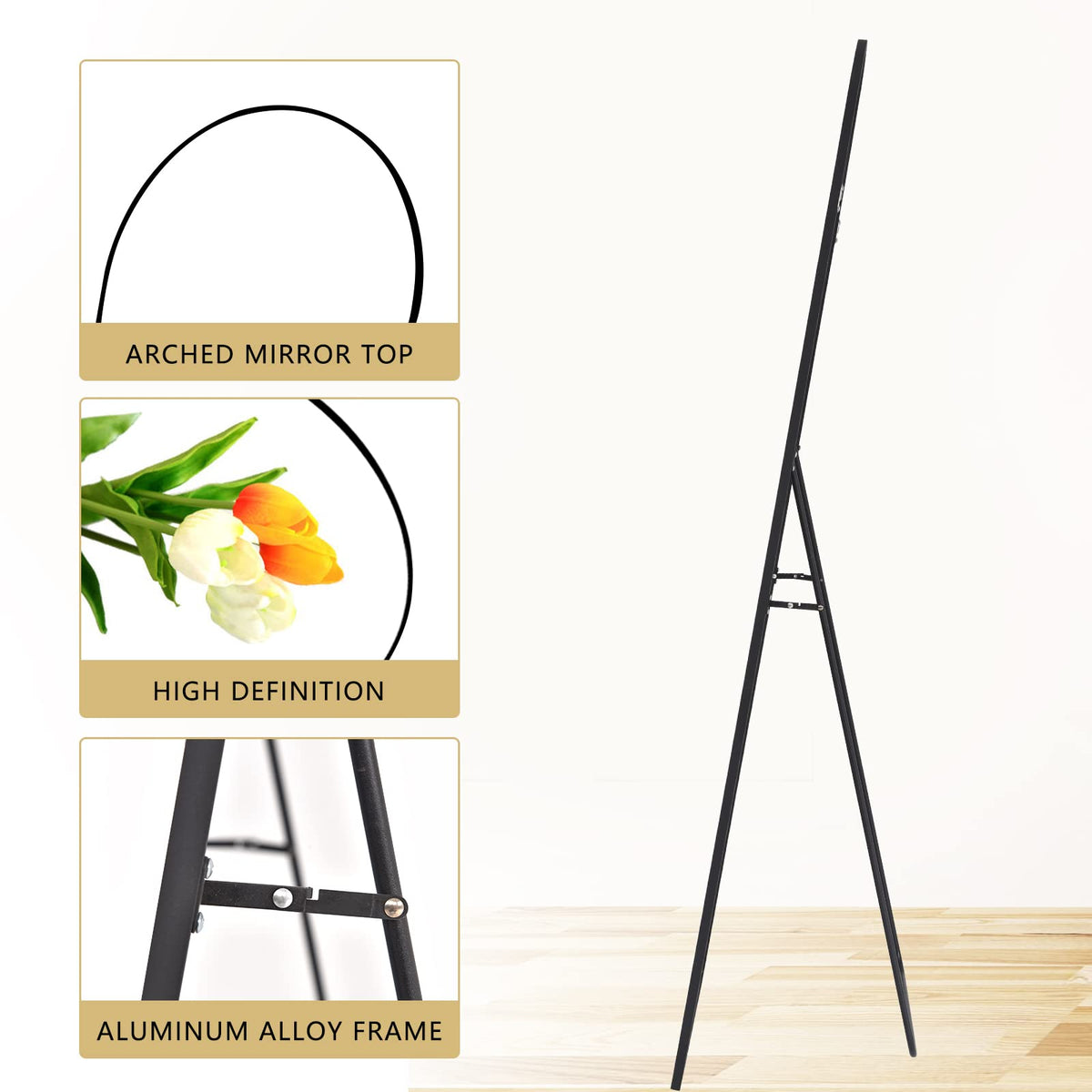 64"x21" Arch Full Length Mirror, Hanging or Leaning Arched-Top Full Body Mirror with Stand, Dressing Room, Black