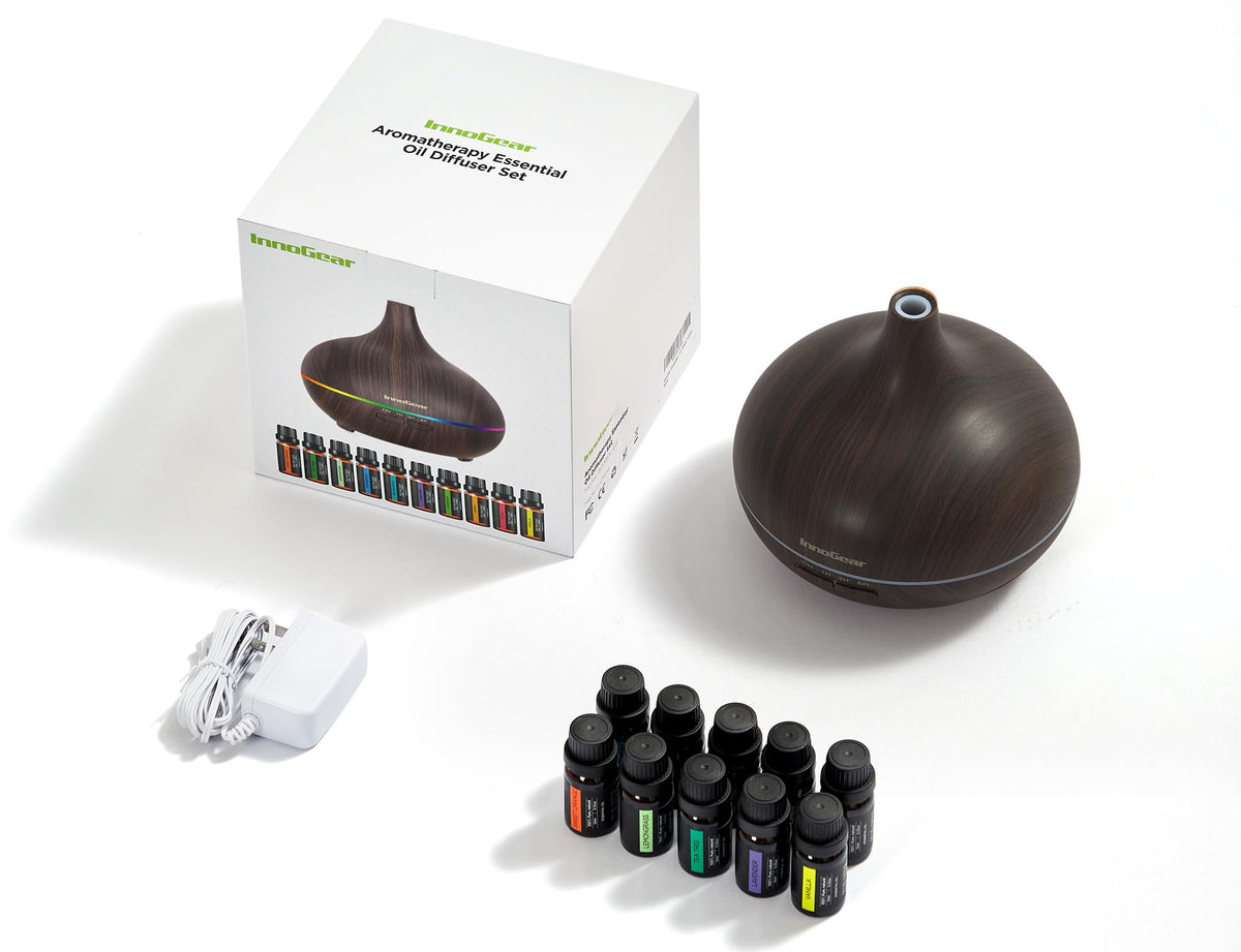 400ml Aromatherapy Essential Oil Diffuser 10 Oils Gift Set, Dark