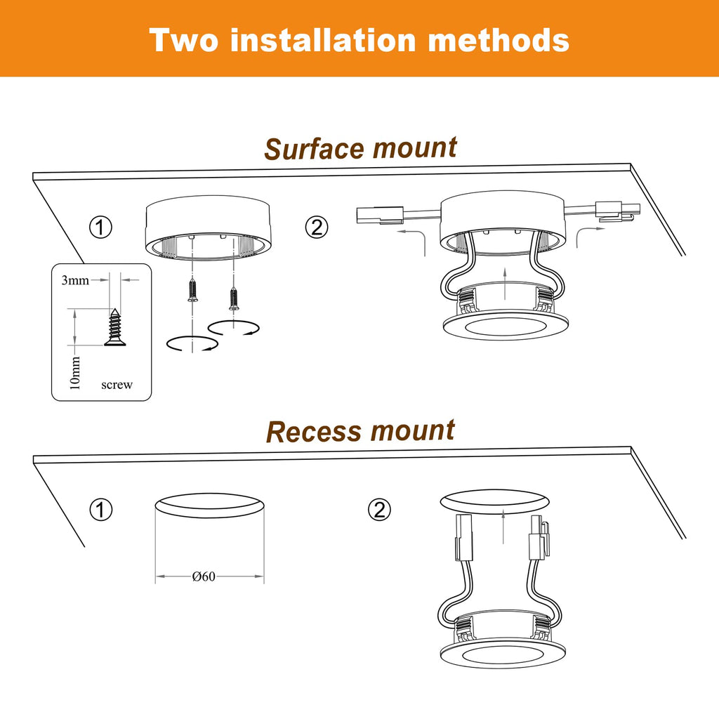 Wired LED Puck Lights Kit 2.68" Wide 3000K, 120V Plug-in or Hardwired Installation with Recessed or Surface Mounted