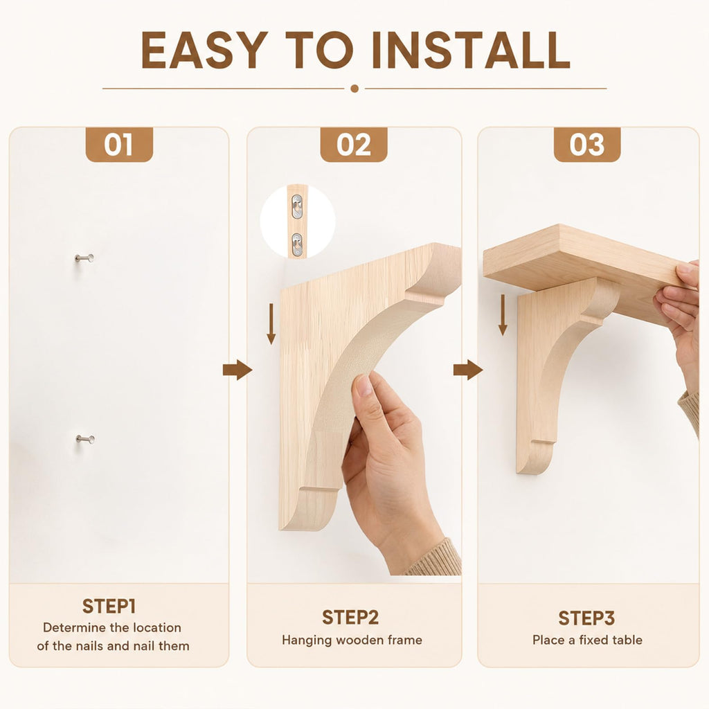 4 Pcs Wood Corbels, 6 x 6 x 1.2 Inch Wooden Shelf Brackets Unfinished Natural Rubber Wood Shelf Bracket with Hanging