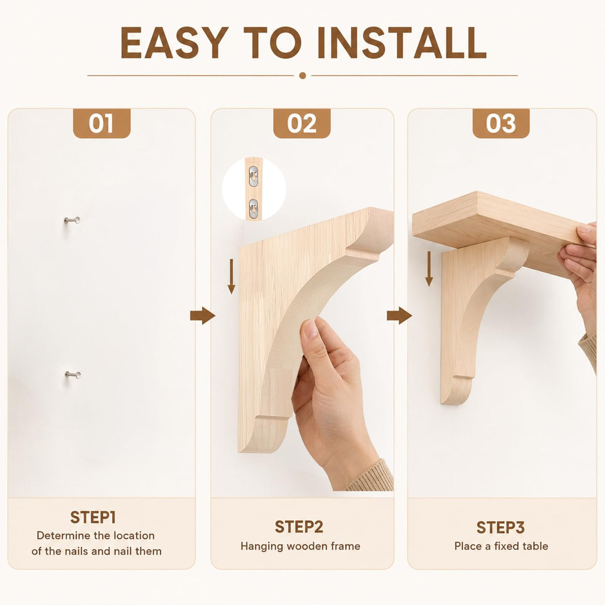 4 Pcs Wood Corbels, 6 x 6 x 1.2 Inch Wooden Shelf Brackets Unfinished Natural Rubber Wood Shelf Bracket with Hanging