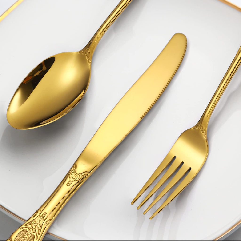 Retro Silverware Gold Set for 4 Stainless Steel Flatware Royal 20 Piece Cutlery Sets Knives Spoons Forks Vintage