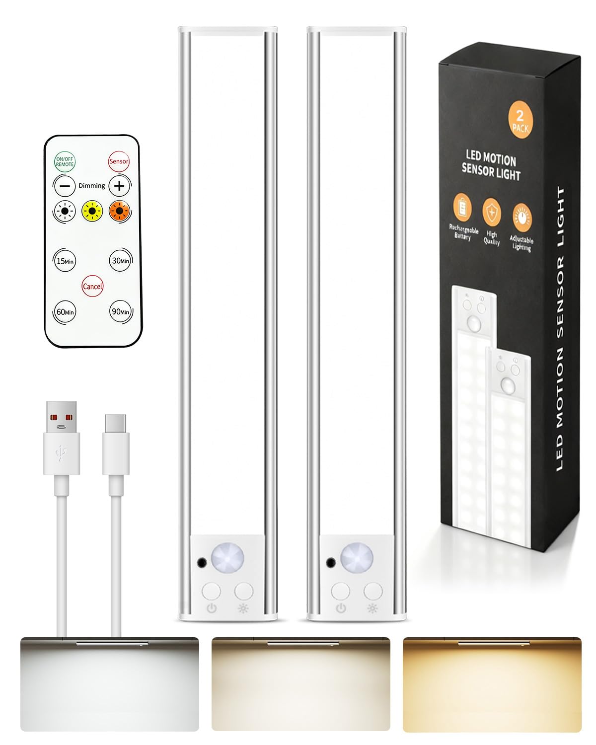 12'' Under Cabinet Lighting, with Remote Rechargeable Wireless Motion Sensor Lights Indoor 3 Color/5 Levels Dimmable