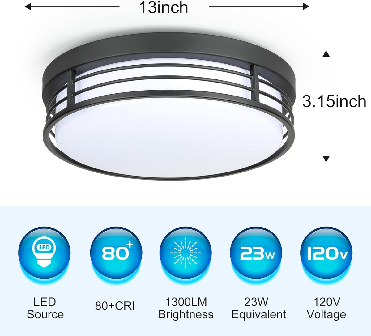 13 Inch Matte Black Flush Mount Ceiling Light, 23W LED Ceiling Lighting Fixture with