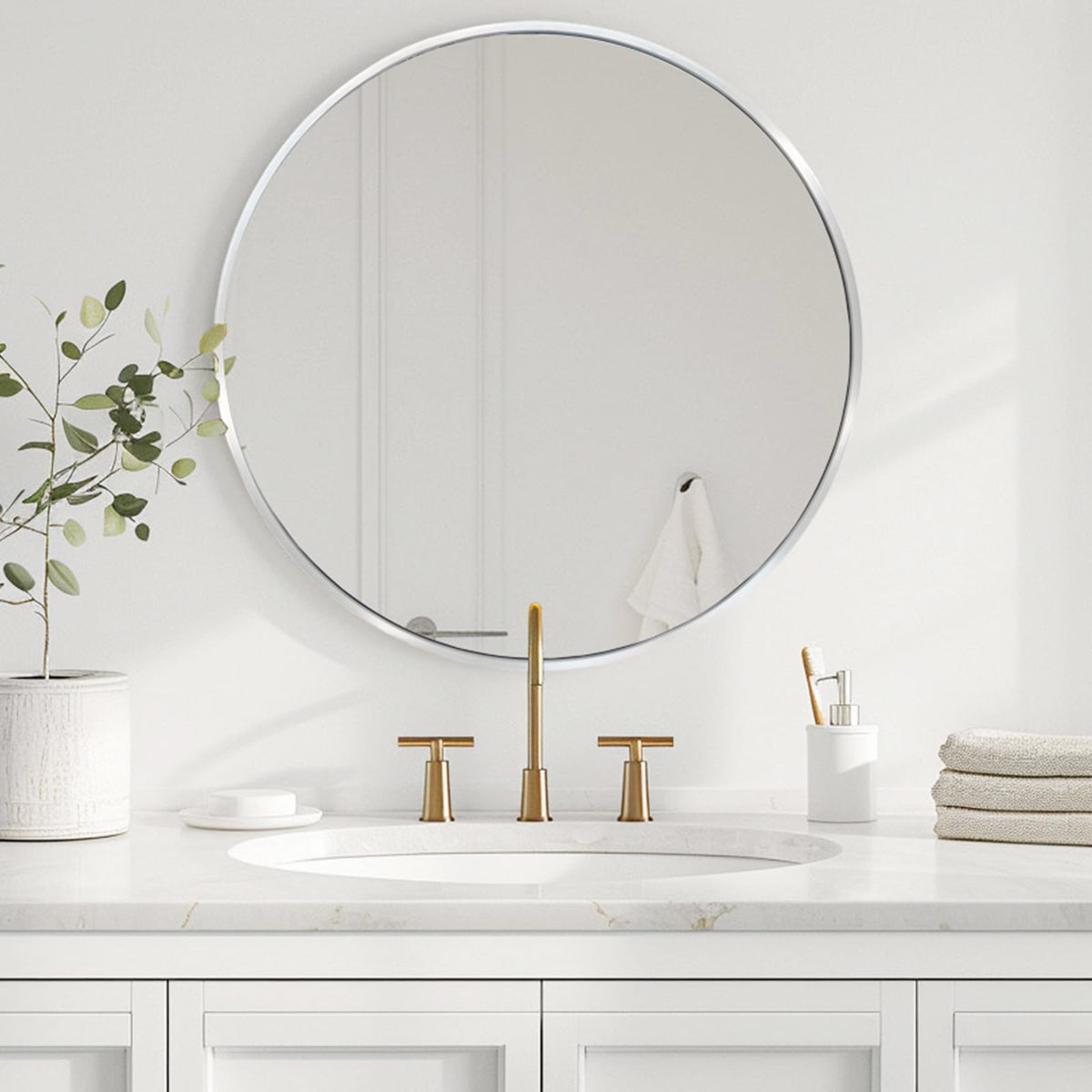 Round Mirror 30 inch Silver, Circle Mirror, Brushed Nickel, Chrome