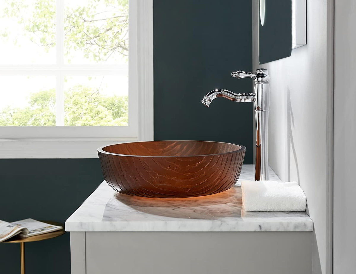 Littel Rock Series Tempered Deco Bathroom Glass Vessel Sink in Tea Matt | Top Mount Sinks Above Vanity Countertop |