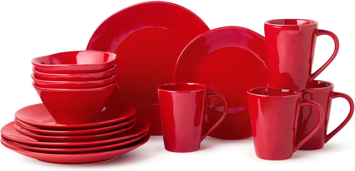 Berry Red Christmas 16pc Dinnerware Set, Stoneware Holiday Tableware Service for 4 with Plates, Mugs & Bowls, Mix