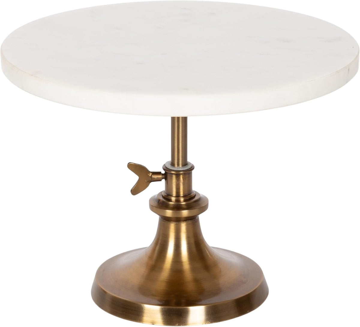 Engles Modern Adjustable-Height Round Marble Cake Stand, 10 Inch Diameter, White and Antique Brass, Marble Pedestal
