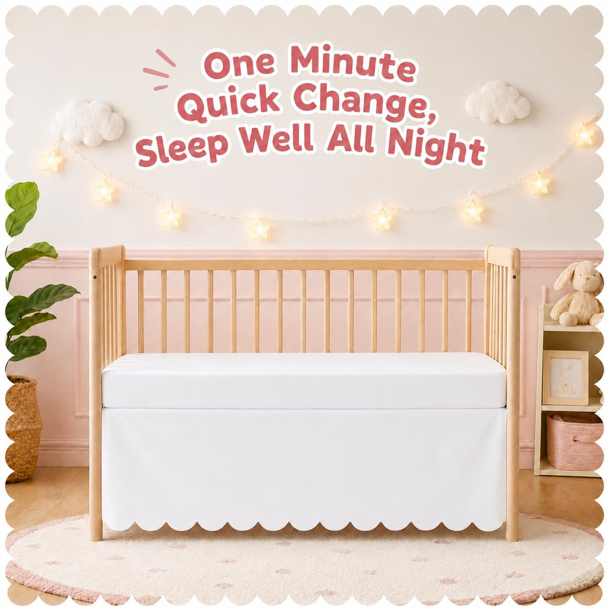 Scalloped Crib Skirt White Cotton for Baby Bed Decor 28"x52" with 14" Drop