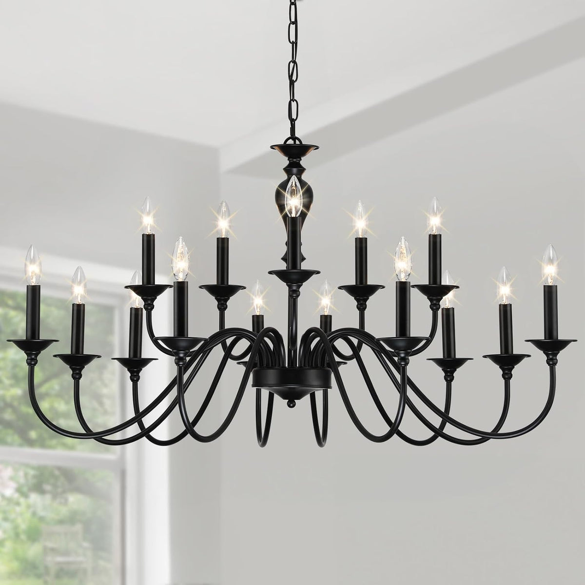 Fifteen-Light Black Farmhouse Candle Chandelier for Large Dining Rooms
