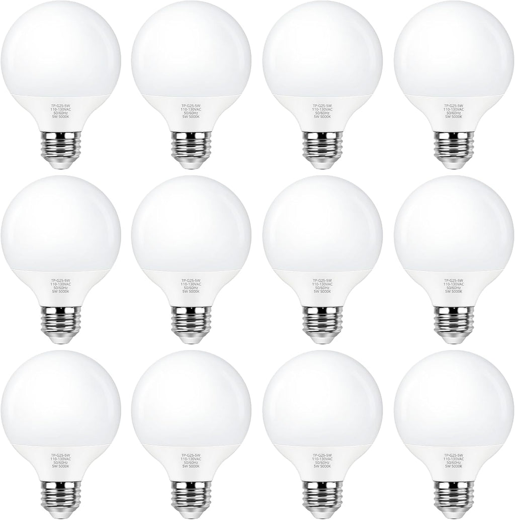 G25 LED Globe Light Bulbs Daylight White 5000K, Round Vanity Light Bulb 60W Equivalent, E26 Base Bathroom Mirror