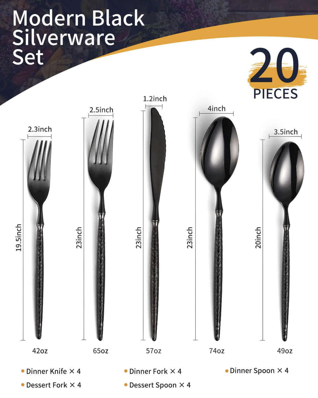 20-Piece Hammered Black Silverware Set,18/10 Stainless Steel Forging Heavy Duty Cutlery Set for 4, Luxury Unique