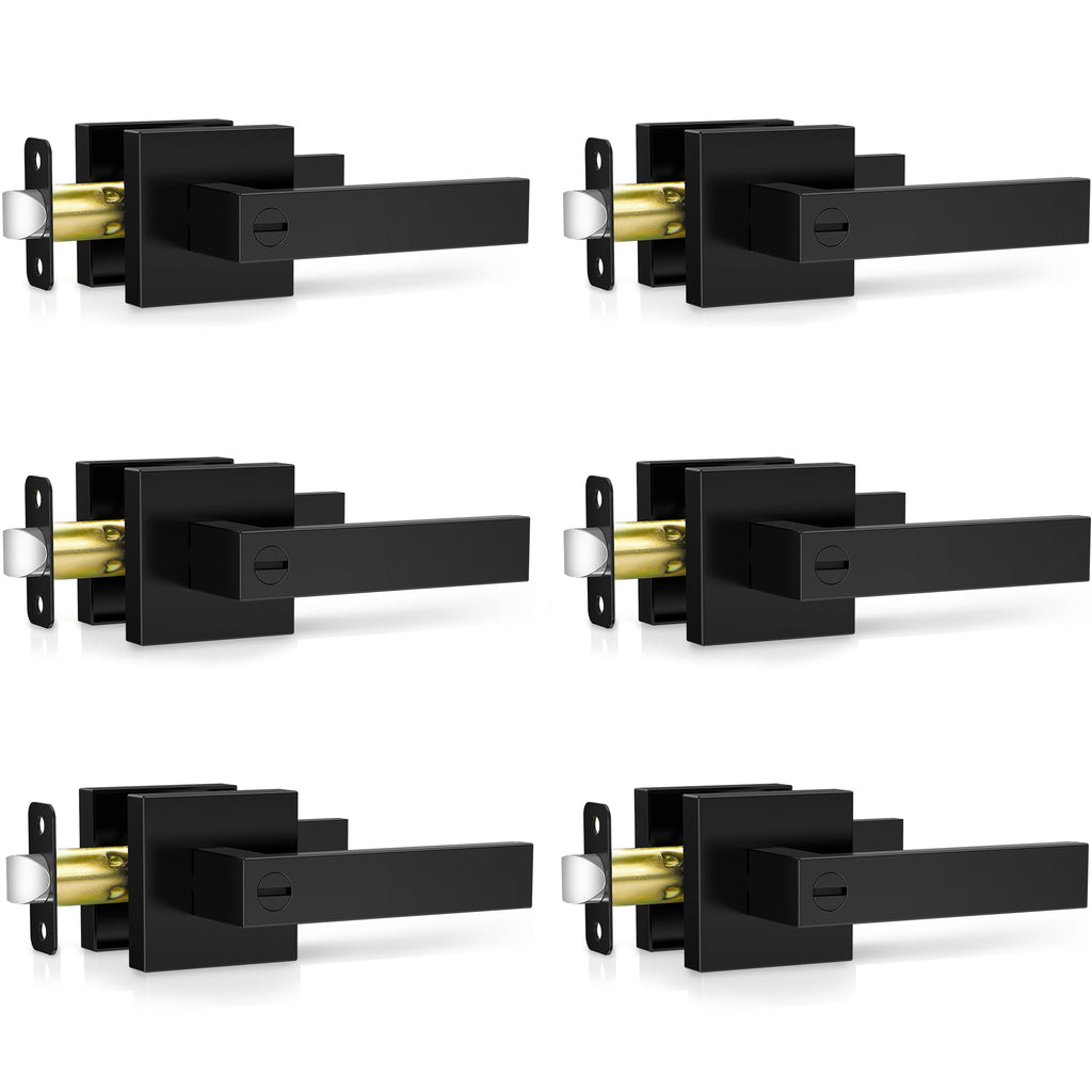 6 Pack Matte Black Door Handles Interior, Keyless Interior Door Knobs, Privacy Door Locks Bathroom, Heavy Duty Square