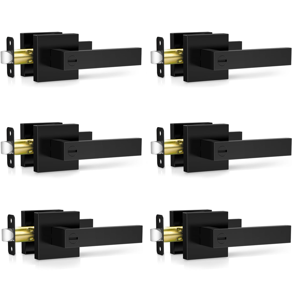 6 Pack Matte Black Door Handles Interior, Keyless Interior Door Knobs, Privacy Door Locks Bathroom, Heavy Duty Square