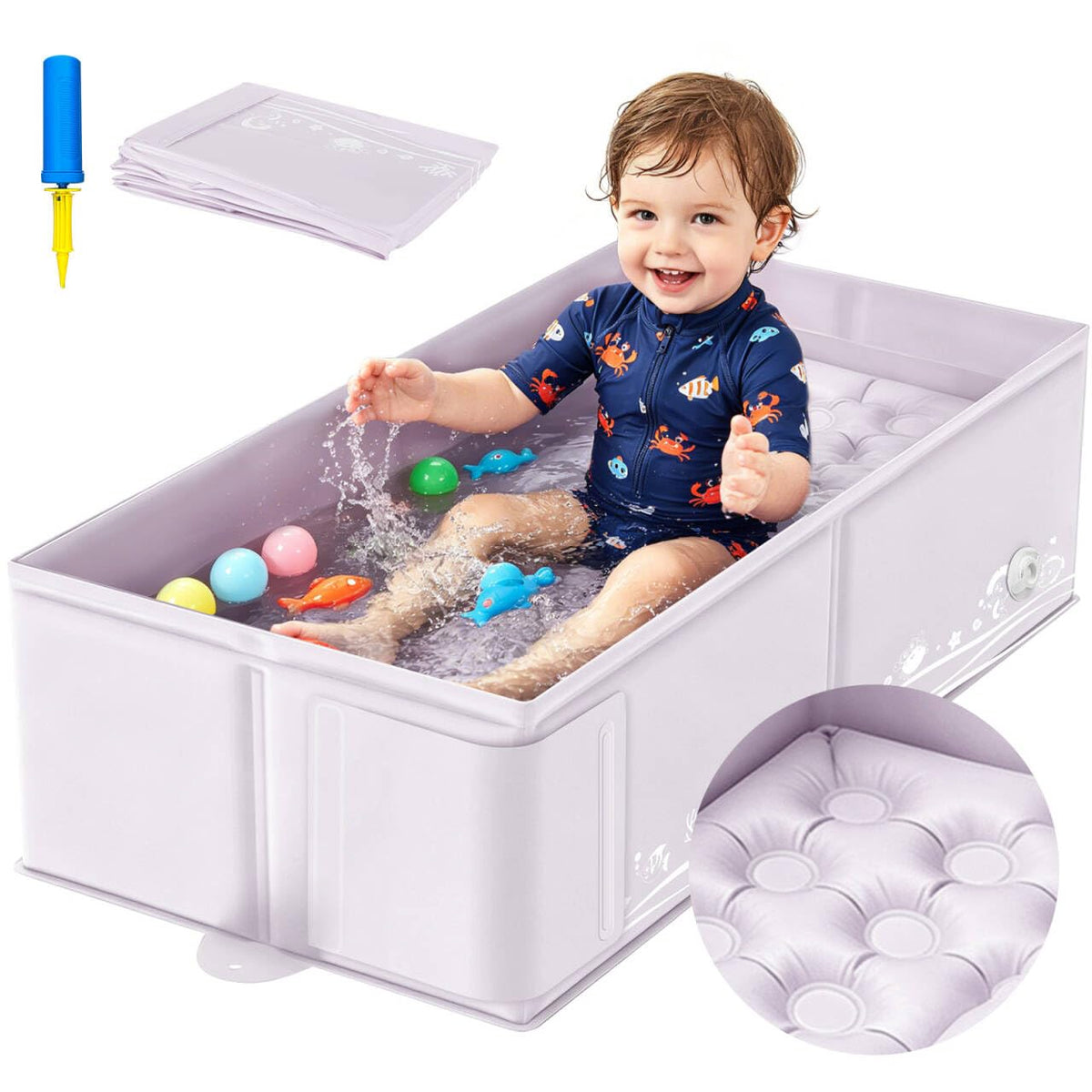 Collapsible Baby Bathtub for Babies & Toddlers, Foldable Portable Baby Tub with Inflatable Cushion Bottom, Non Slip