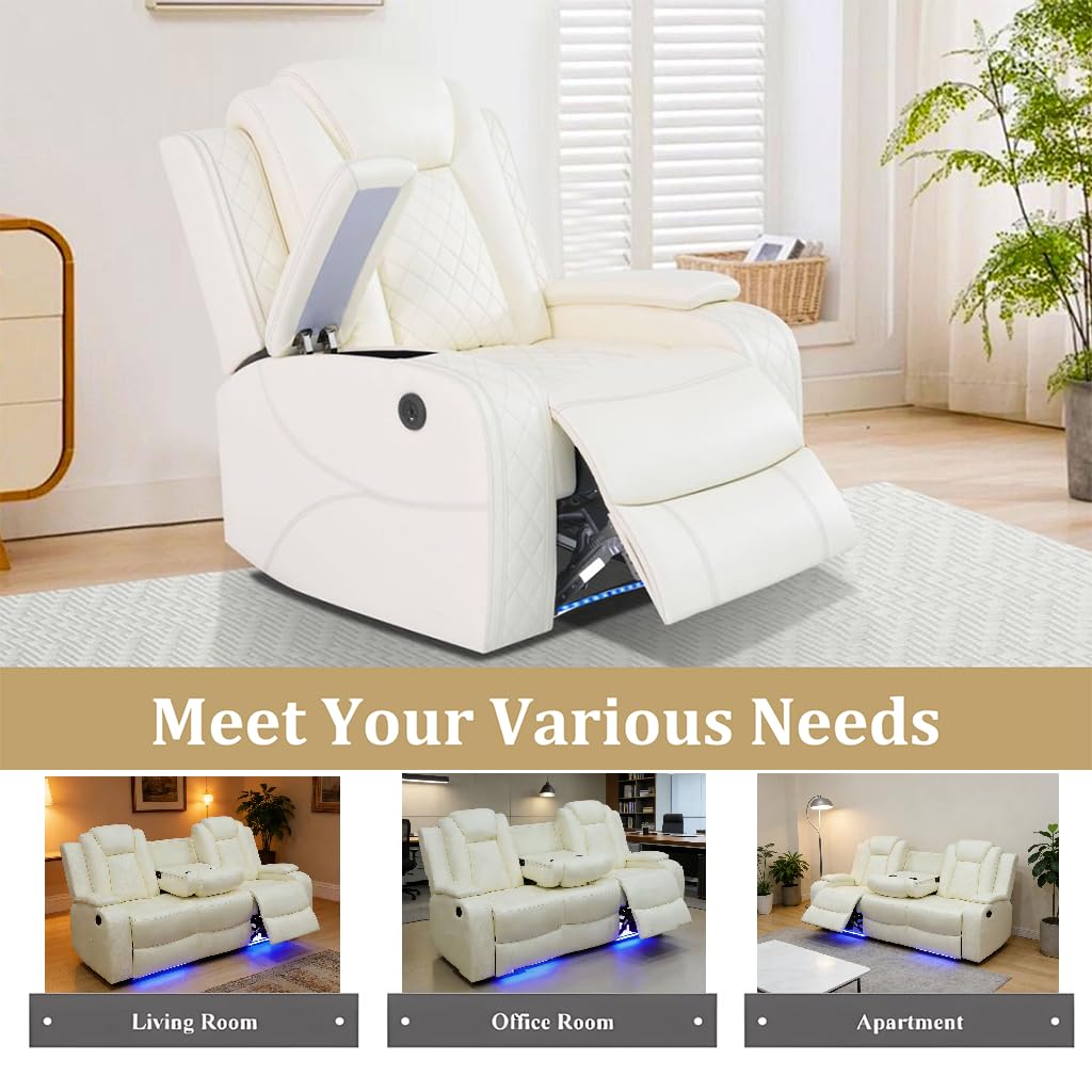 Power Leather Recliner Sofa Set with LED, Leather Living Room Set, Reclining Couch Set with USB Port/Cup