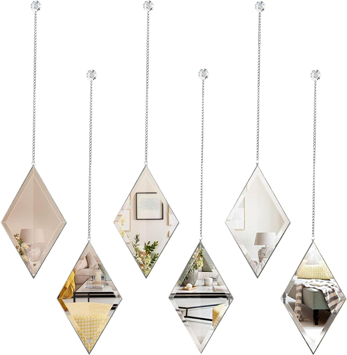 Diamond Wall Mirror Set of 6 Pcs, Silver Wall Decor Mirrors Small Glass Decor Wall Mirrors Decoration