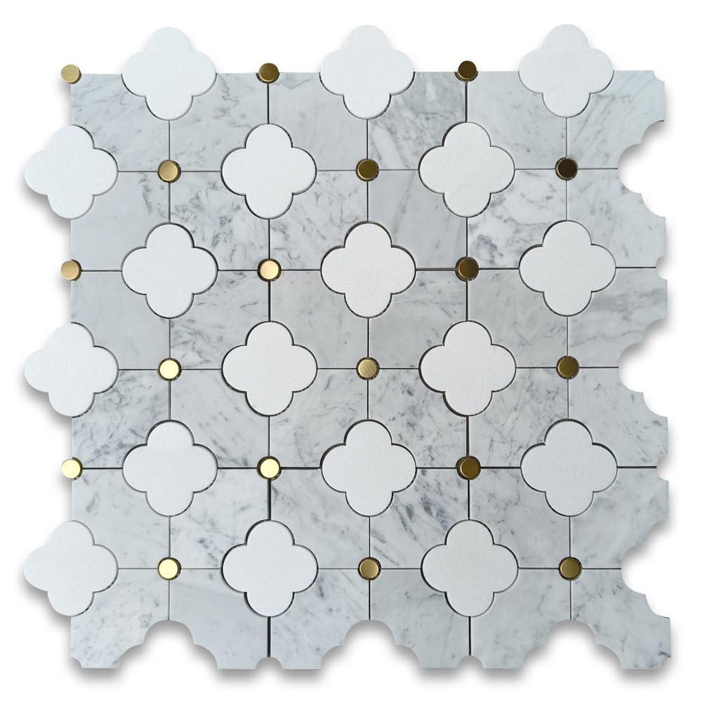 Thassos White Carrara White Marble Quatrefoil Four-Leaf Four-Lobed Clover Flower Mosaic Tile w/Brass Dots Honed