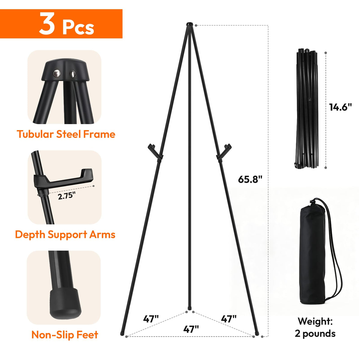 3 Pcs Lightweight Easel Stand, 66 Inch, Black, with Carry Bags