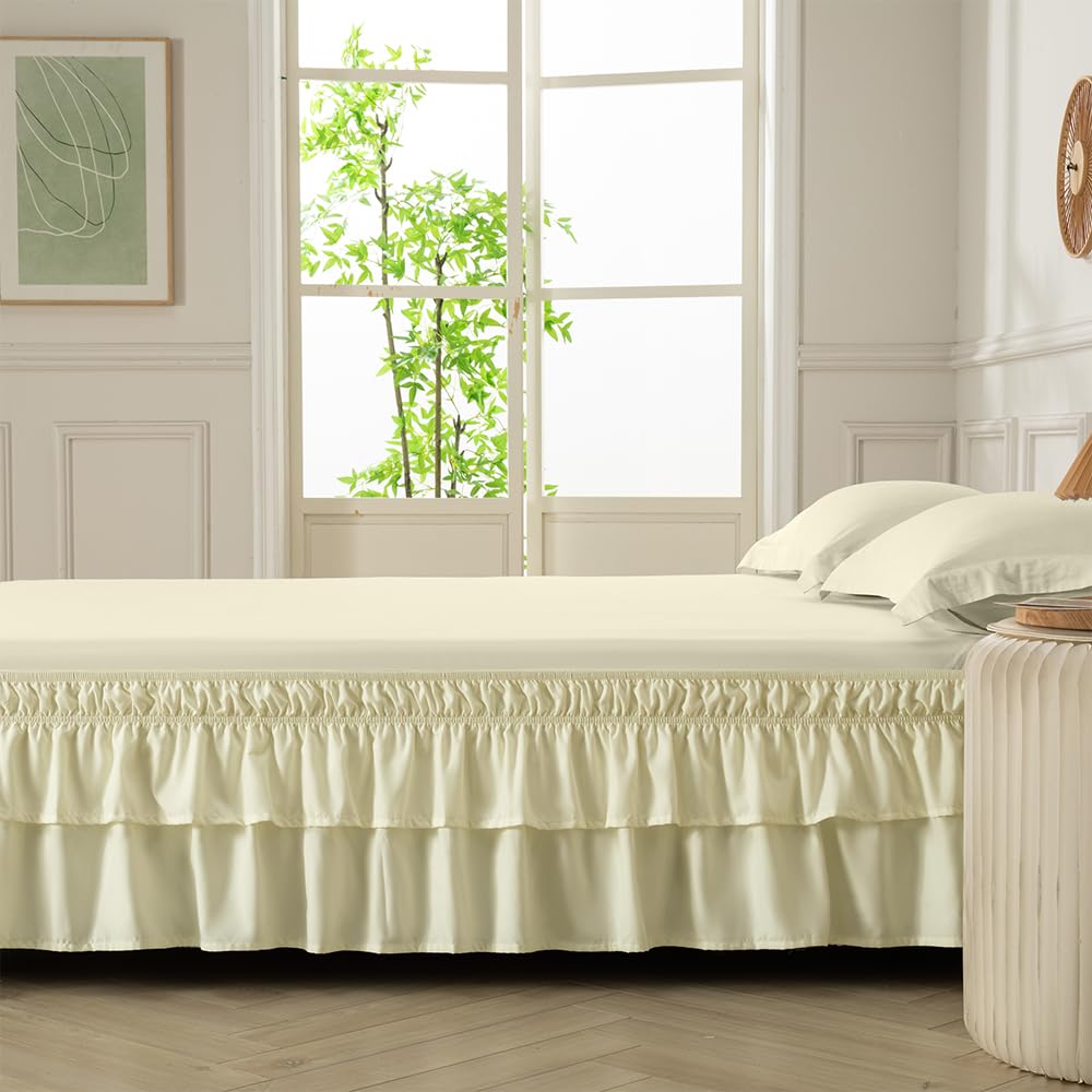 Double-Layered Ruffled Bed Skirt, Beige, 14" Drop