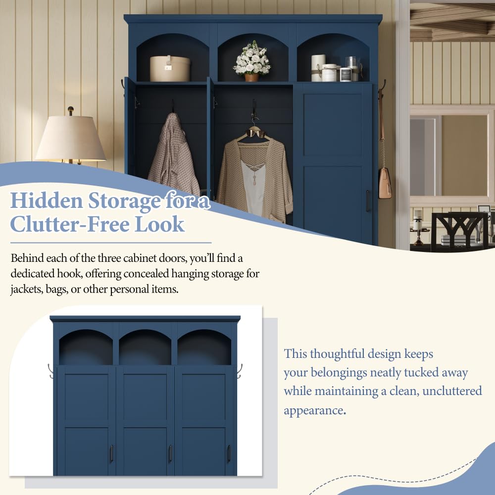 Farmhouse Blue Hall Tree with Bench, 3 Hidden Storage with 3 Hooks