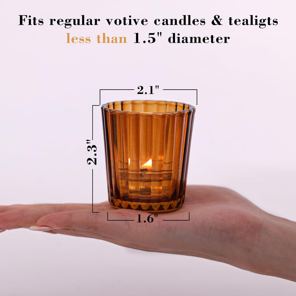 24Pcs Vintage Ribbed Amber Votive Candle Holders, Fall Centerpieces for Tables, Tealight Candle Holder for