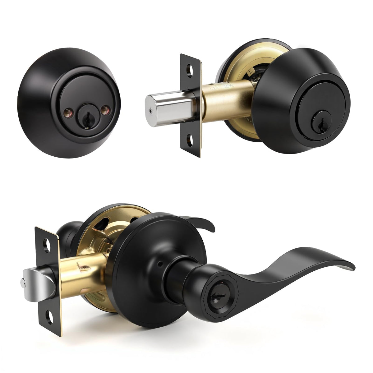 1 Set Entry Door Lever and Deadbolt Lock Set, Deadbolts Keyed Both Sides, All Keyed Same, Wave Style Front and