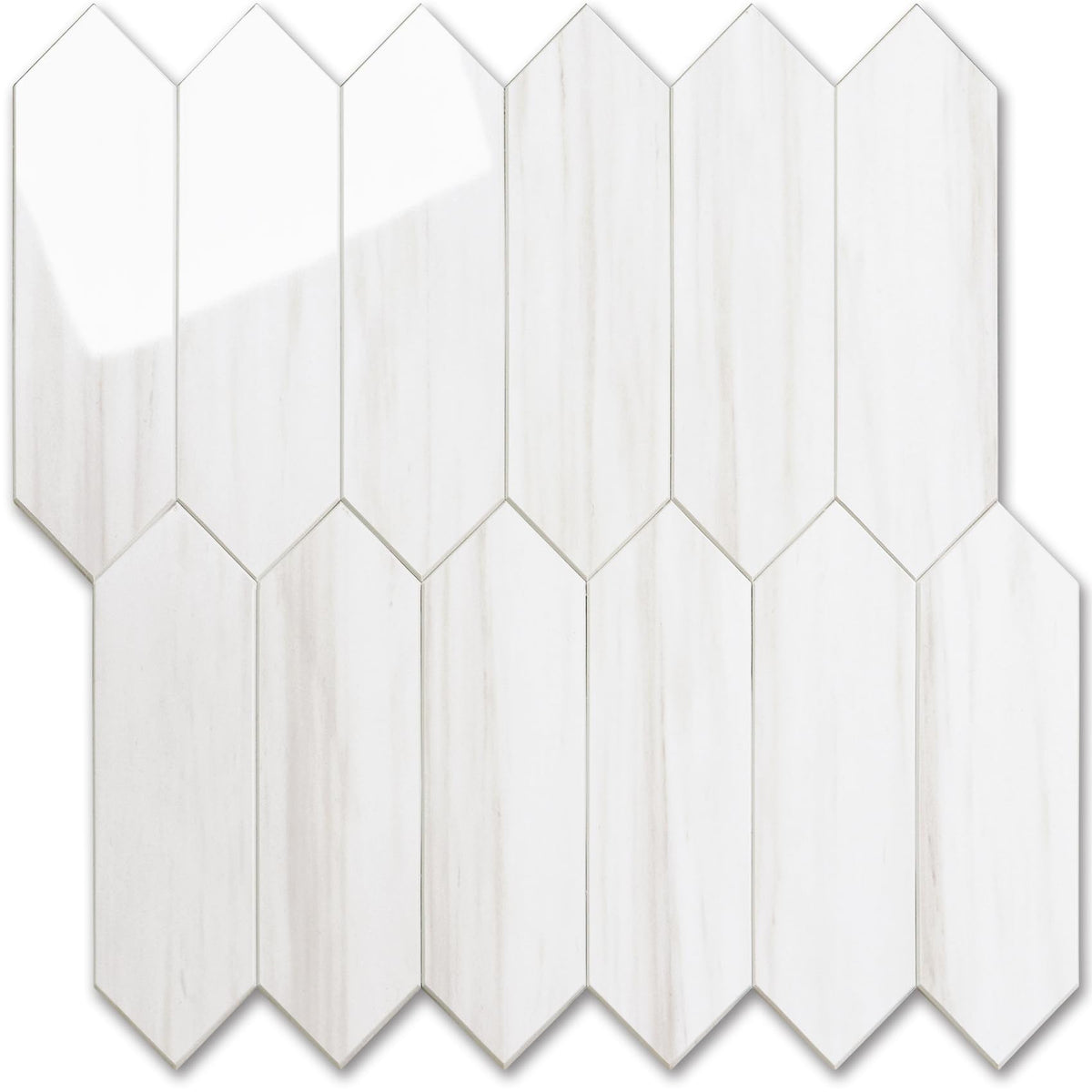 Glossy Dolomite White Backsplash Tile Peel and Stick, 12.8 x 12.8 Inch 10 Sheets Long Hexagon PVC Self Adhesive