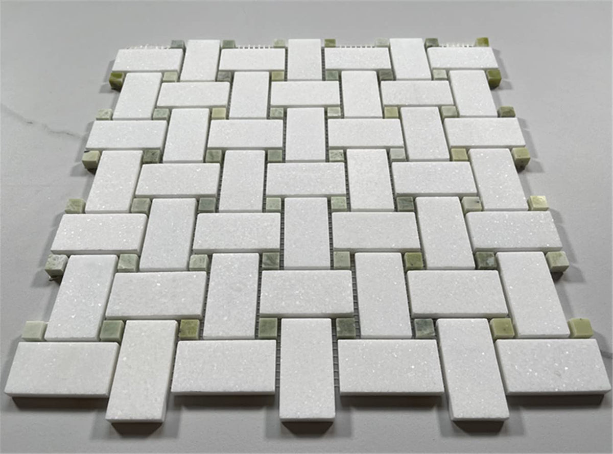 Thassos White Marble 1x2 Basketweave Mosaic Tile w/Green Jade Dots Honed Kitchen Bath Wall Floor Backsplash Shower (1