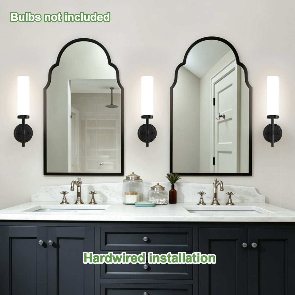 Hardwired] Wall Sconces Set of Two, Matte Black Bathroom Sconces with Milky White Glass, Modern Wall Light Fixtures