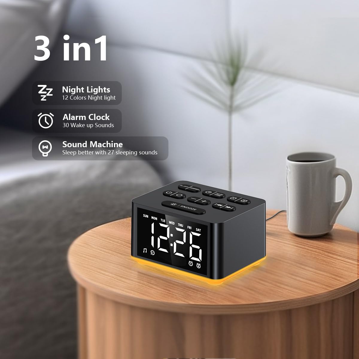 3-in-1 Sound Machine White Noise Machine Dual Alarms 12 Color Night Lights 30 15 Wake Up Sounds 32 Volume for Baby