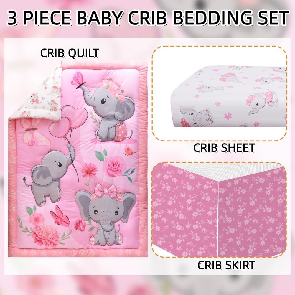 Baby Girl Crib Bedding Set Pink Elephant Crib Nursery Comforter Bed Sets Decor with Fitted Crib Sheet, Comforter and