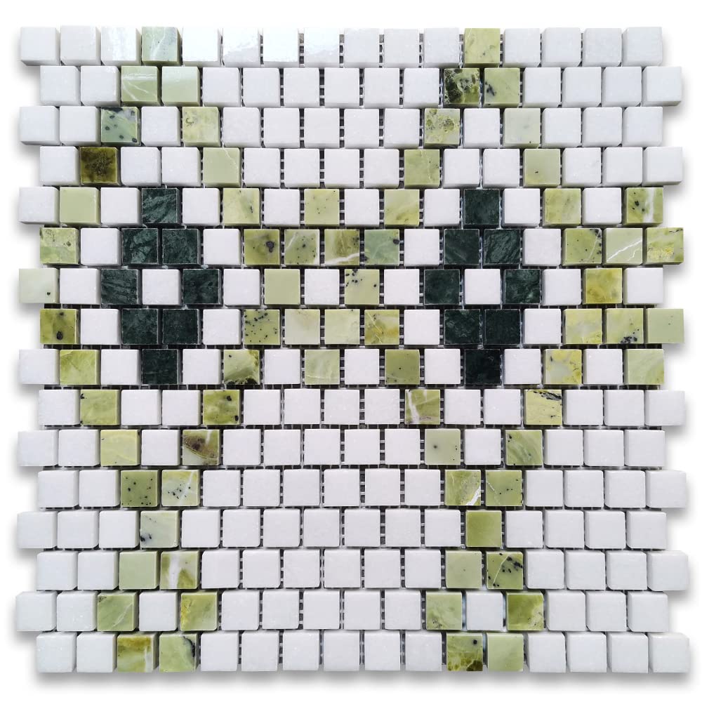 Thassos White Marble 5/8x5/8 Square Diamond Mosaic Tile w/Green Marble Polished Kitchen Bath Wall Floor Backsplash