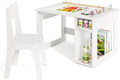 White Kids Table and Chair Set, Wooden Arts and Crafts Activity Table w/Paper Roller, 4 Paint Cups & Storage Shelves