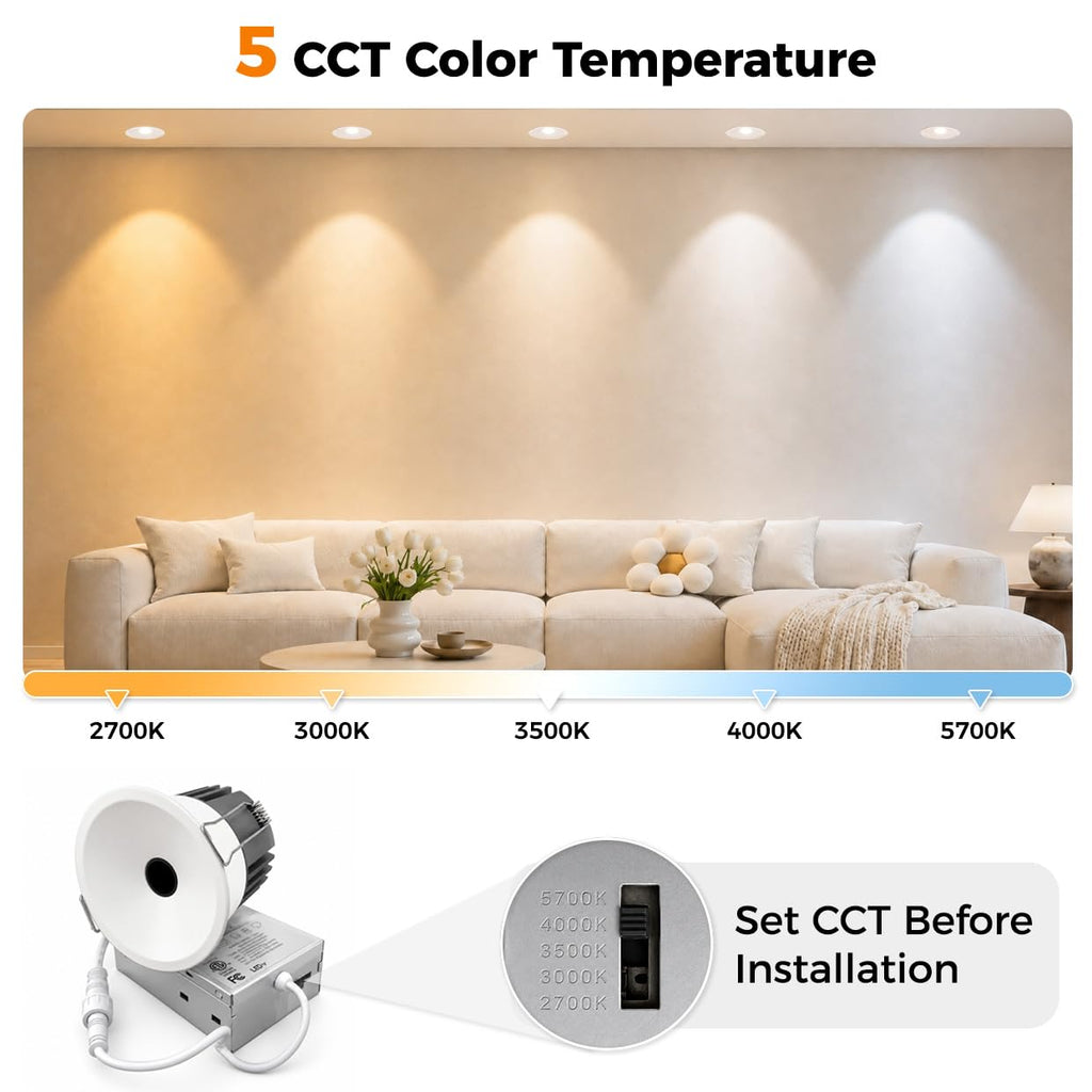 3 Inch 5CCT LED Pinhole Recessed Spotlight Lights with J-Box