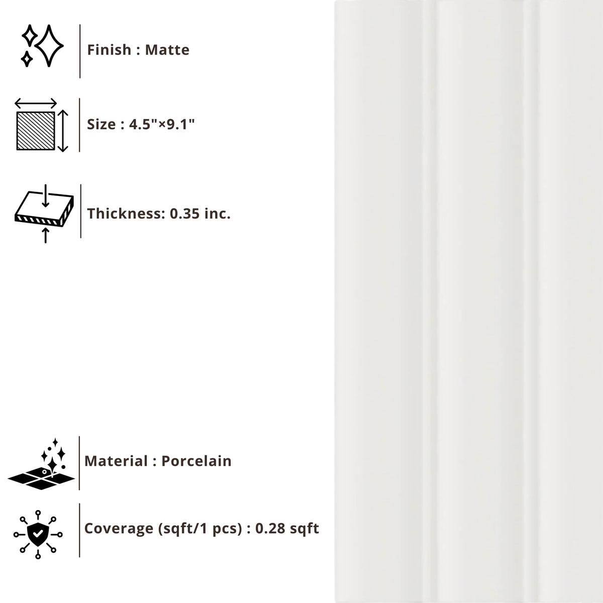 Slate White Ribbed Porcelain Wall Tile 4.5" x 9.1" Matte Finish, Fluted Decorative 3D Wall Tile Backsplash, Bathroom