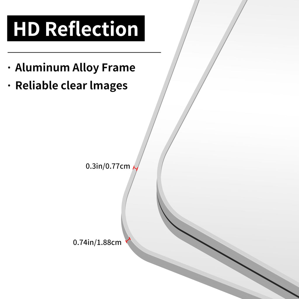48x24 Inch Silver Bathroom Mirror, Metal Framed Silver Rectangle Mirror, Rounded Rectangular Vanity Mirror, Wall