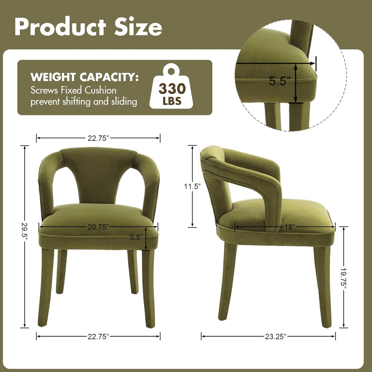 Olive-Green Velvet Dining Chairs Set of 2, Modern Solid Wood Kitchen Chairs