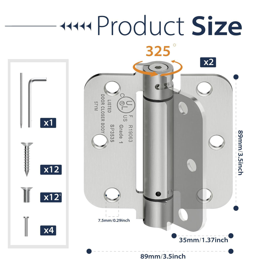 2-Pack 3.5 Inch Self Closing Door Hinges, 5/8" Radius Corners, Brushed Nickel