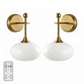 Battery-Operated Modern Brass Wall Sconce Set of 2, Wireless Rechargeable Wall Light with Remote Control, Milk Glass