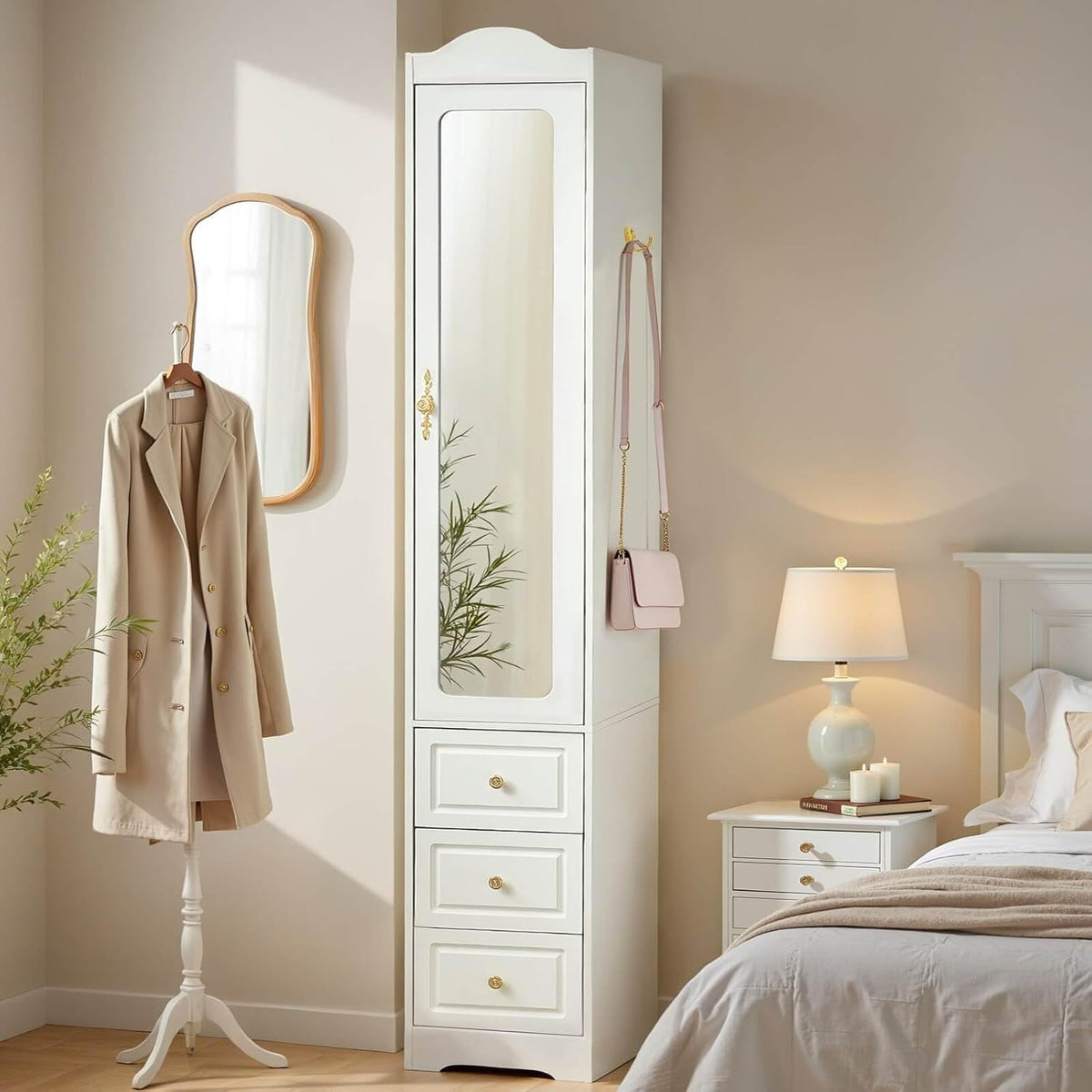 Armoire Wardrobe Closet, White Bedroom Armoires Cabinet with Mirror Door and 3 Drawers, 69.5" H Clothing Storage
