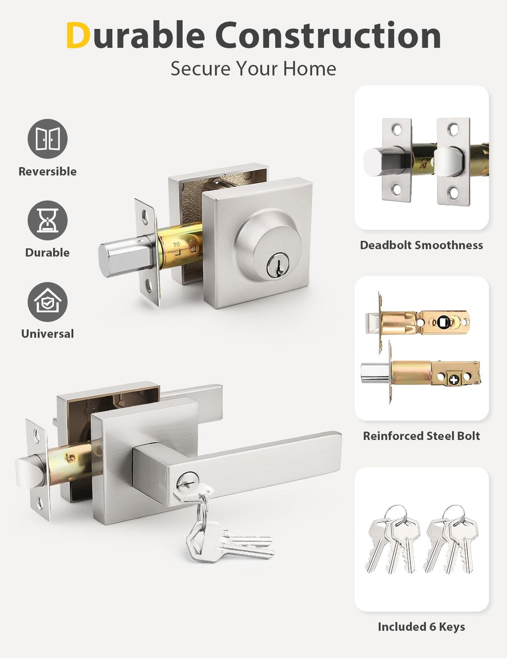 6 Pack Brushed Nickel Keyed Alike Front/Exterior Door Lever with Single Cylinder Deadbolt, Square Entry Door Knob