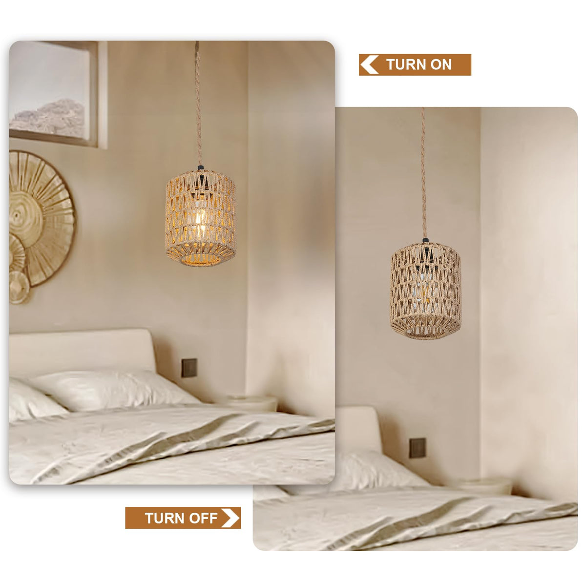 3 Lights Plug in Pendant Light with Cord On/Off Switch Rattan Hanging Lamp with 22ft Hand Woven Wicker Plug in