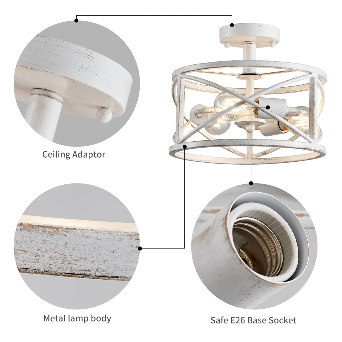 Chandelier 3-Light Vintage Farmhouse Industrial Semi-Flush Mount Ceiling Light Lighting Fixture for Foyer Bedroom