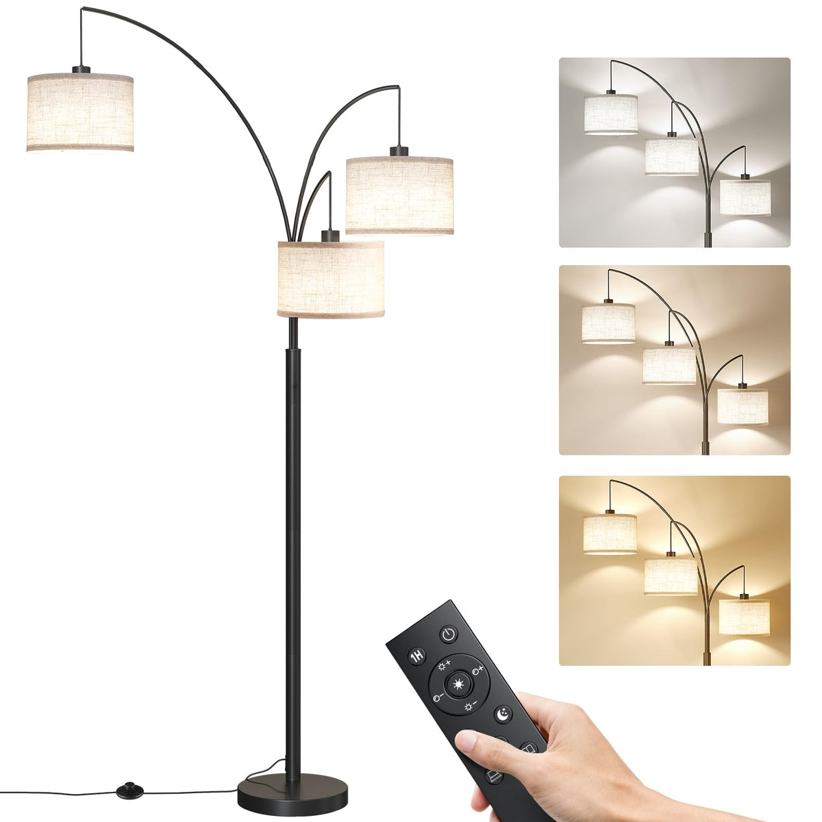3 Lights Floor Lamp with Remote Control and 3 Stepless Dimmable Bulbs, 78" Tall Standing Lamp with Hanging Drum Shade